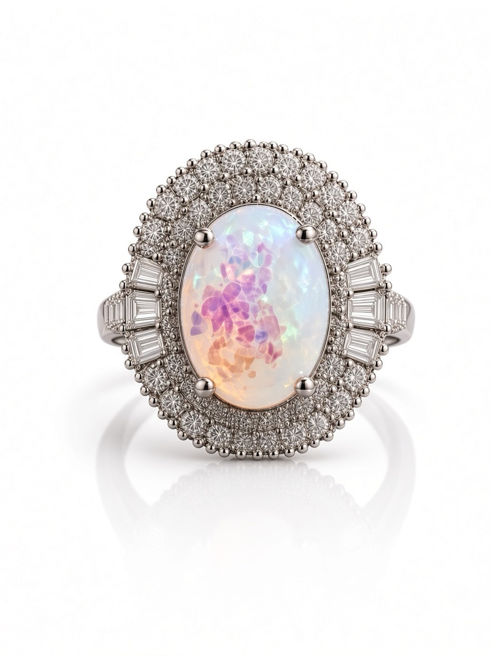 NWT Silver 3 ctw Crystal White Opal Halo Ring